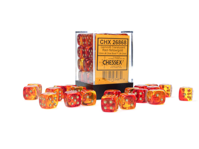 Chessex Gemini Translucent Red-Yellow/Gold 12MM D6 Dice Block (36 dice)