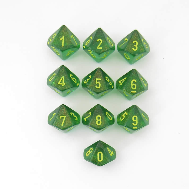 CHX27365 Maple Green Borealis Dice Yellow Numbers D10 16mm Pack of 10