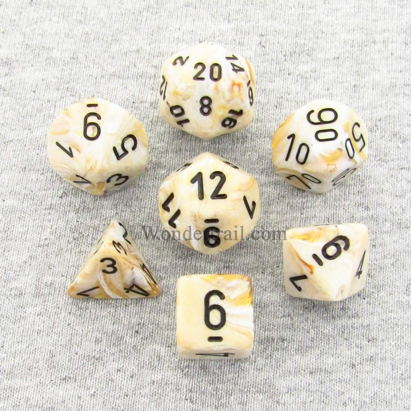 CHX27402 Ivory Marbleized Dice with Black Numbers 16mm (5/8in) Set of 7 (ONLINE ORDER ONLY)