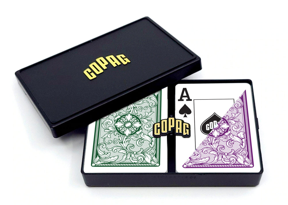 COPAG Playing Cards: Double Deck Set - Legacy - Green/Purple - Poker Size - Jumbo Index (2) (ONLINE ORDER ONLY)