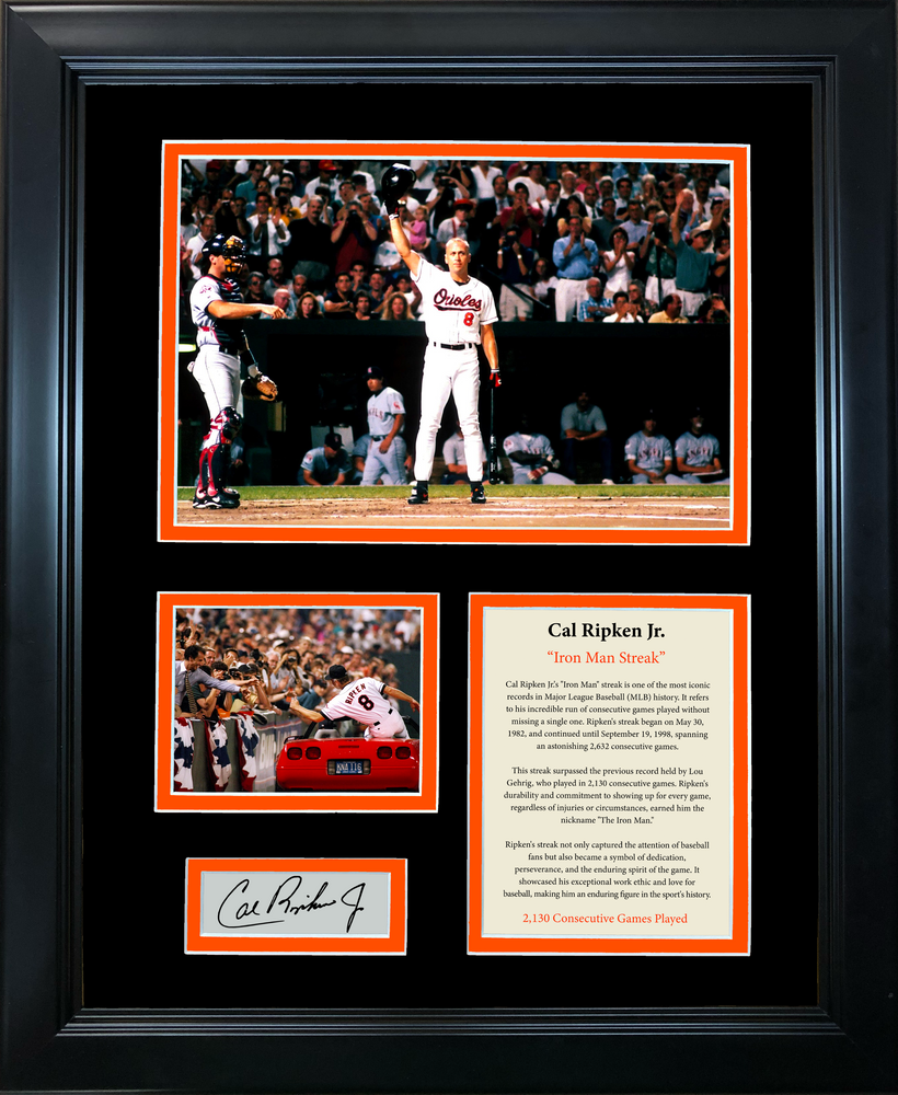 Framed Cal Ripken Jr.  Iron Man Streak  2,632 Consecutive Games Facsimile Laser Engraved Signature Auto Baltimore Orioles 11"x14" Baseball Photo Sig Collage (ONLINE ORDER ONLY)