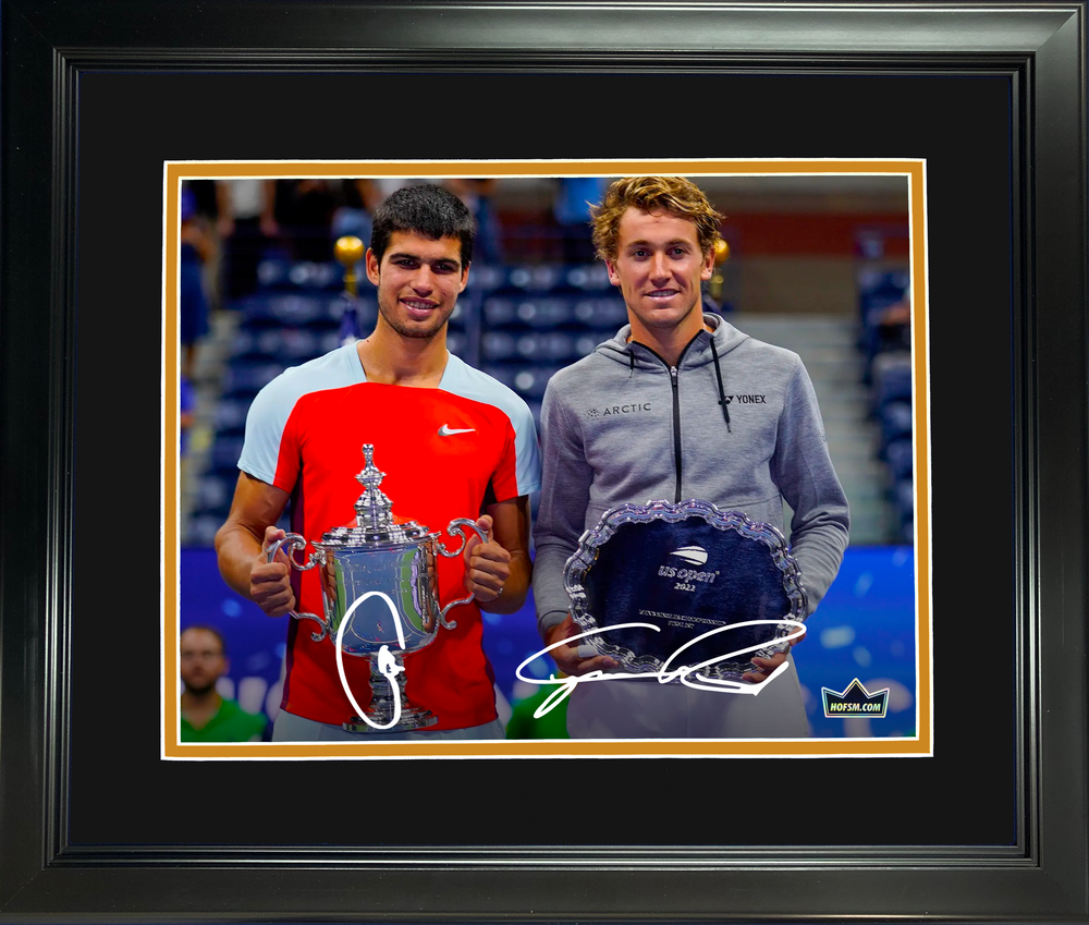 Framed Carlos Alcaraz & Casper Ruud Dual Facsimile Laser Engraved Signature Auto 11"x14" Tennis Photo HOFSM Holo (ONLINE ORDER ONLY)