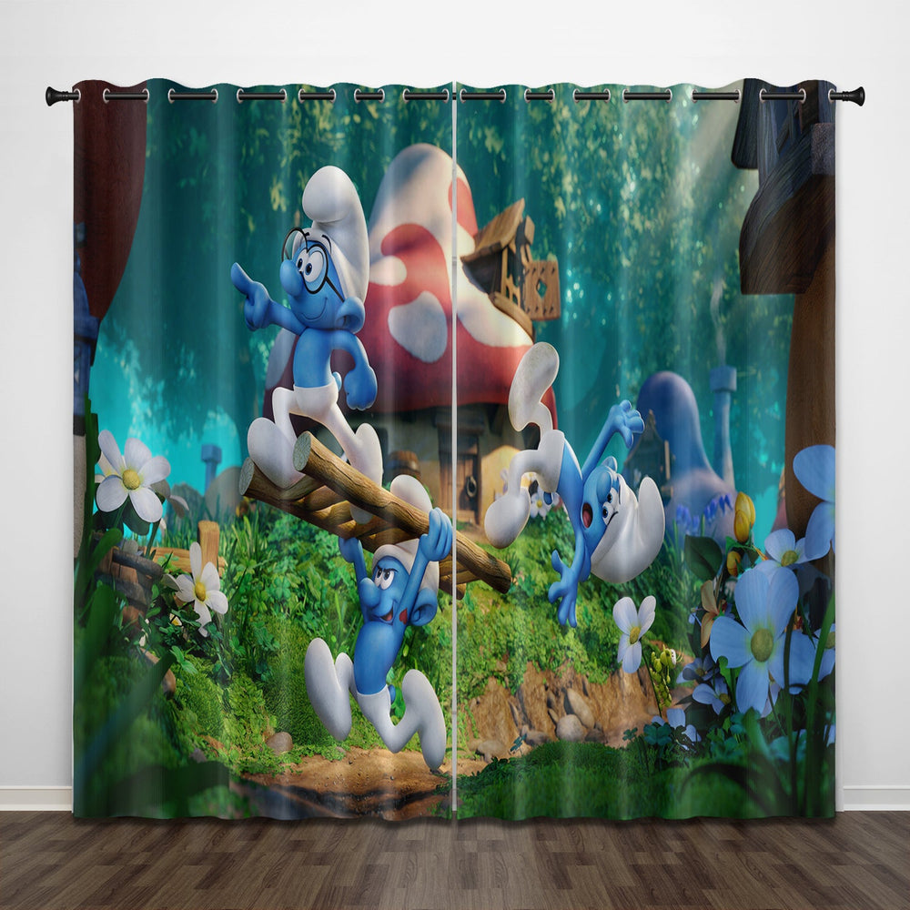 Cartoon The Smurfs Curtains Pattern Blackout Window Drapes (Online Order Only)