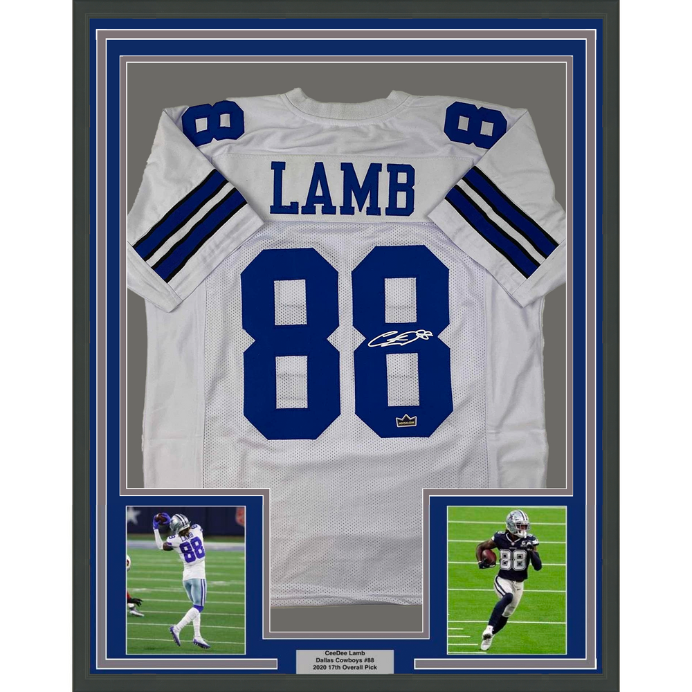 Framed Facsimile Autographed CeeDee Lamb 35x39 Dallas White Reprint Laser Auto Football Jersey Size Men's XL (ONLINE ORDER ONLY)
