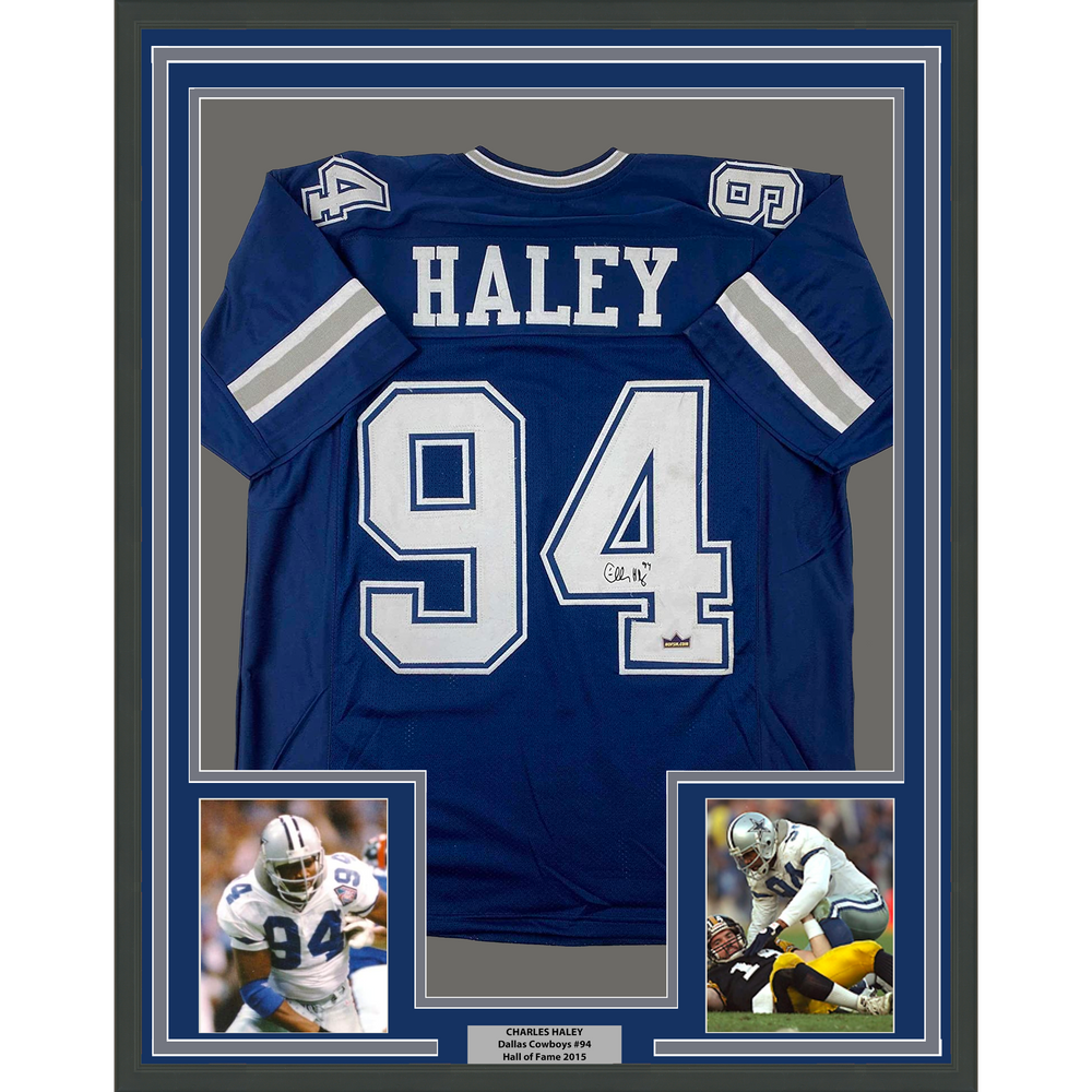 Framed Facsimile Autographed Charles Haley 35x39 Dallas Blue Reprint Laser Auto Football Jersey (ONLINE ORDER ONLY)