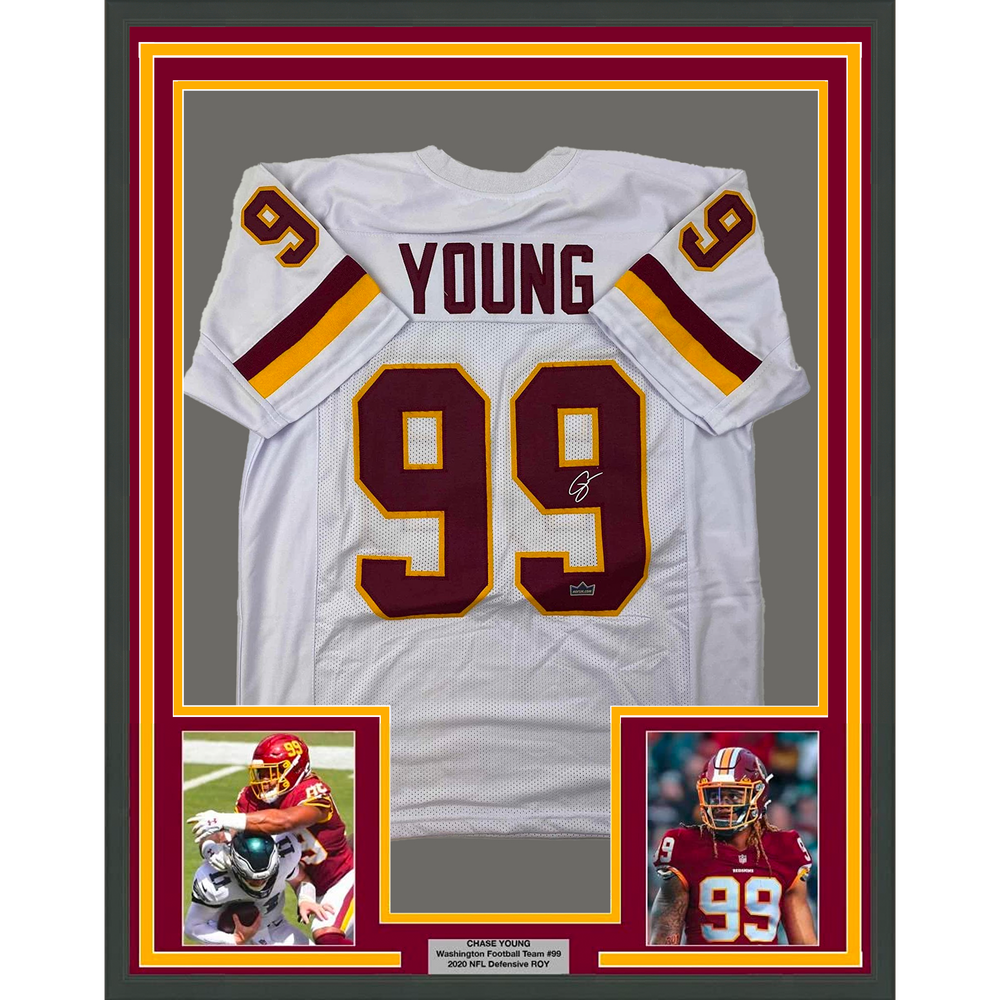 Framed Facsimile Autographed Chase Young 35x39 Washington White Reprint Laser Auto Football Jersey (ONLINE ORDER ONLY)