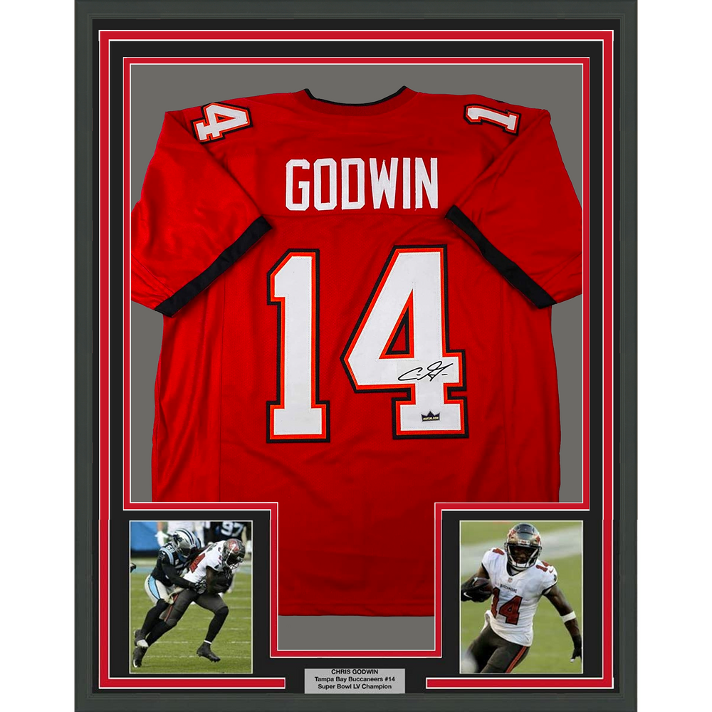 Framed Facsimile Autographed Chris Godwin 35x39 Tampa Bay Red Reprint Laser Auto Football Jersey (ONLINE ORDER ONLY)