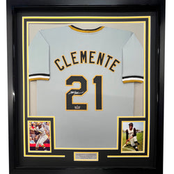 Framed Facsimile Autographed Roberto Clemente 35x39 Pittsburgh Grey Reprint Laser Auto Baseball Jersey (ONLINE ORDER ONLY)
