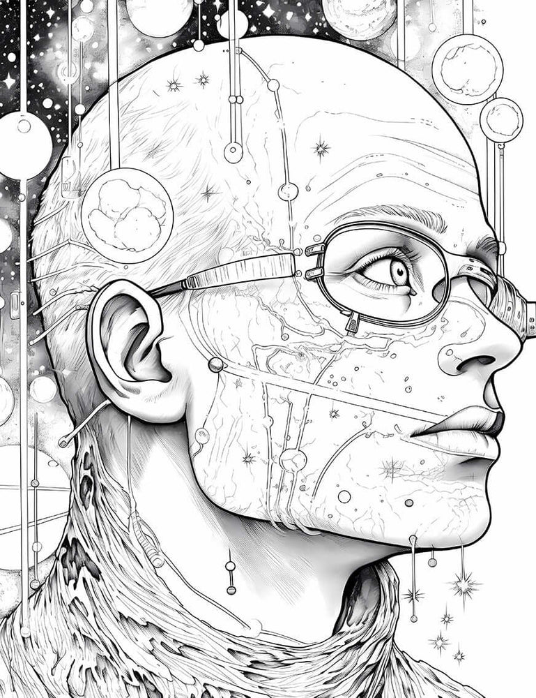 Cosmic Android Coloring Page | Sci-Fi Futuristic Portrait Printable – Infinite Visibility (ONLINE ORDER ONLY)
