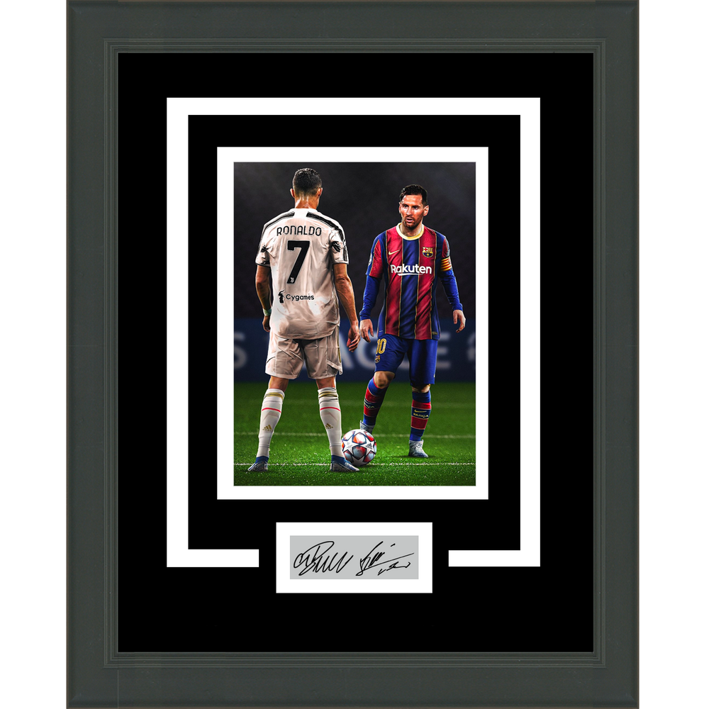 Framed Lionel Messi Cristiano Ronaldo Facsimile Laser Engraved Signature Dual Auto Barcelona Juventus 11x14 Soccer Futbol Photo (ONLINE ORDER ONLY)
