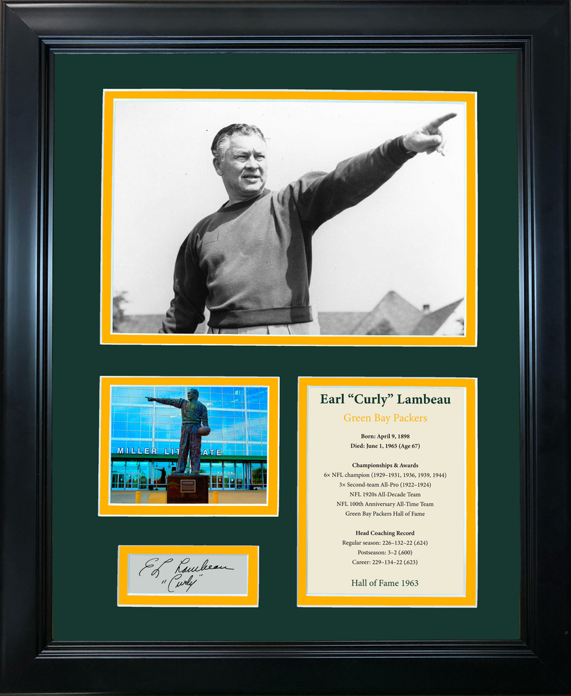 Framed Curly Lambeau Hall of Fame Facsimile Laser Engraved Signature Auto Green Bay Packers 11"x14" Photo Sig Collage (ONLINE ORDER ONLY)