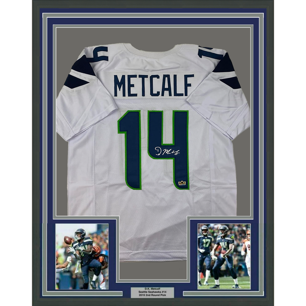 Framed Facsimile Autographed D.K. DK Metcalf 35x39 Seattle White Reprint Laser Auto Football Jersey Size Men's XL (ONLINE ORDER ONLY)