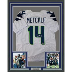 Framed Facsimile Autographed D.K. DK Metcalf 35x39 Seattle White Reprint Laser Auto Football Jersey Size Men's XL (ONLINE ORDER ONLY)