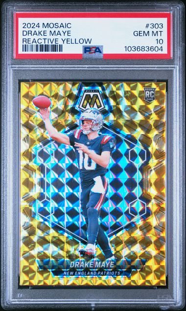 Graded 2024 Panini Mosaic Reactive Yellow Drake Maye #303 Rookie RC Football Card PSA 10 Gem Mint (ONLINE ORDER ONLY)