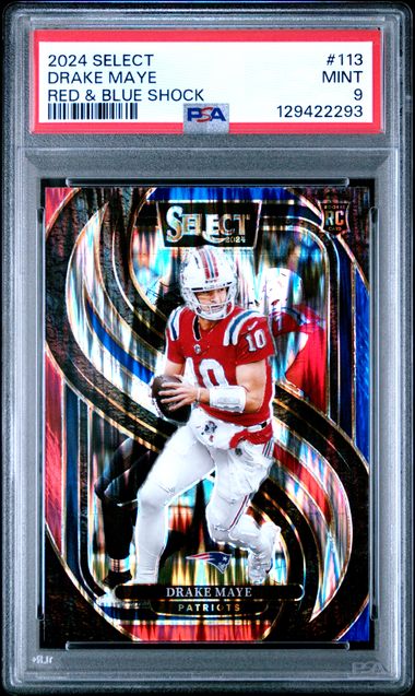 Graded 2024 Panini Select Drake Maye #113 Red & Blue Shock Rookie RC Football Card PSA 9 Mint (ONLINE ORDER ONLY)