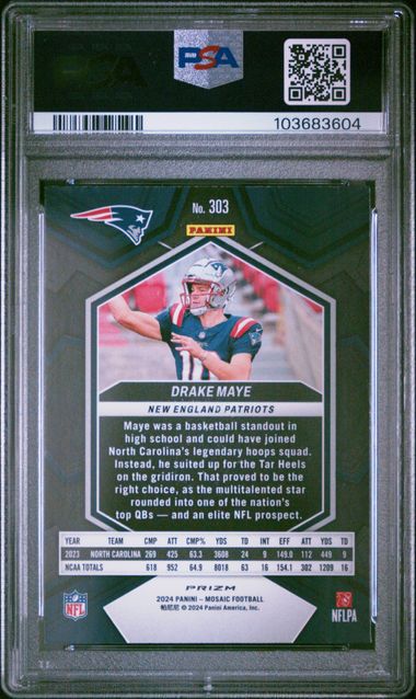 Graded 2024 Panini Mosaic Reactive Yellow Drake Maye #303 Rookie RC Football Card PSA 10 Gem Mint (ONLINE ORDER ONLY)