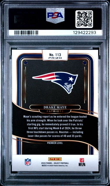 Graded 2024 Panini Select Drake Maye #113 Red & Blue Shock Rookie RC Football Card PSA 9 Mint (ONLINE ORDER ONLY)