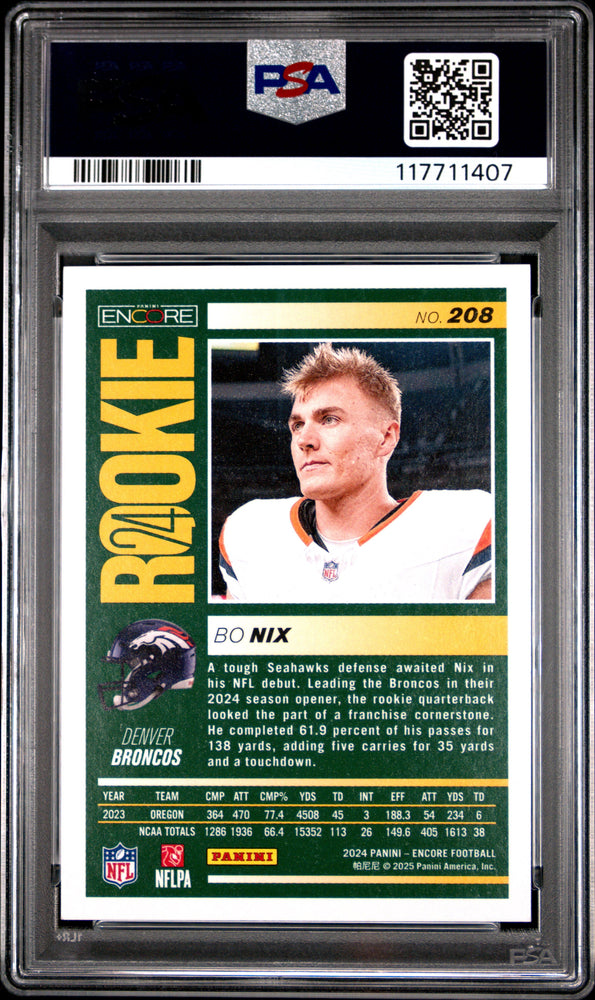 Graded 2024 Panini Encore Bo Nix #208 Rookie RC Football Card PSA 9 Mint (ONLINE ORDER ONLY)