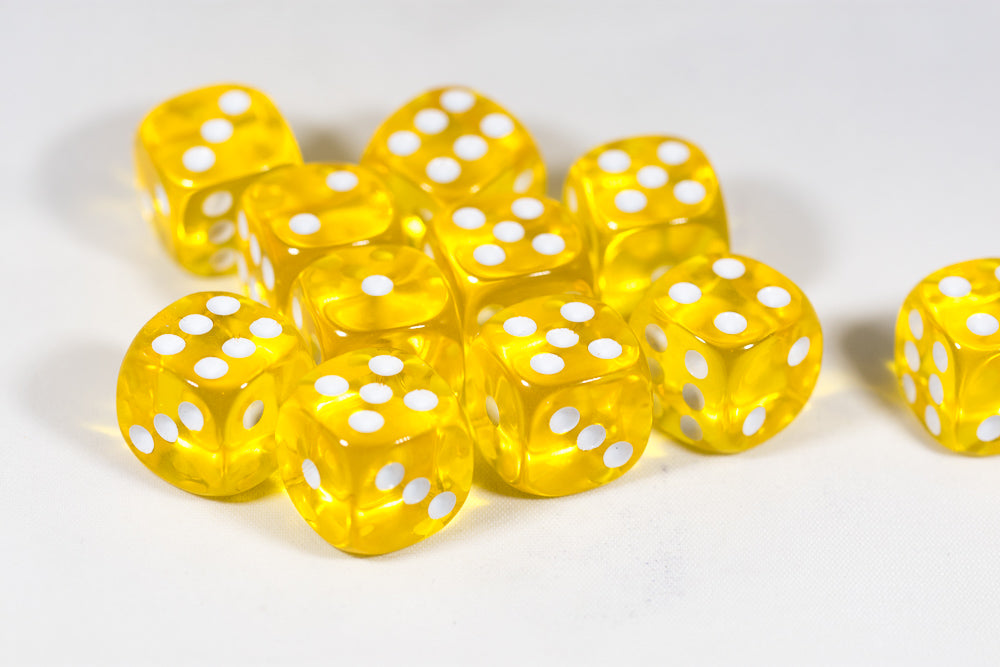 Translucent 16mm Pipped d6 Dice Red/Orange/Yellow/Green/Blue/Purple/Clear/Black/Pink (sold by the piece) (Online Only)