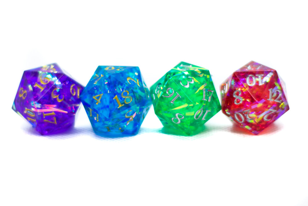 Red/Blue/Green/Purple Sharp Edge Resin d20 w/ Shimmer Insert (Online Only)