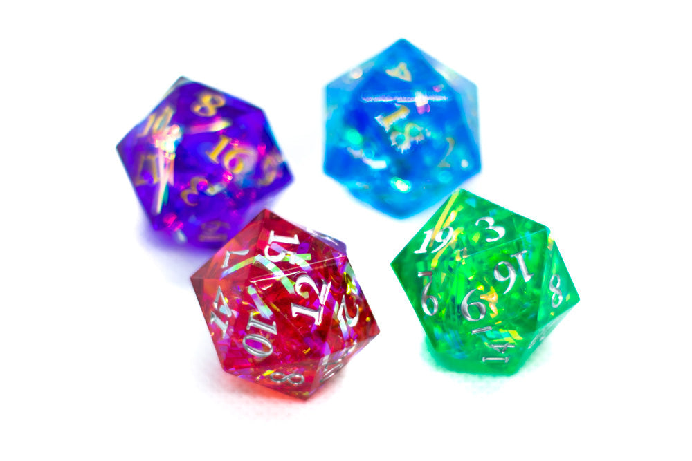 Red/Blue/Green/Purple Sharp Edge Resin d20 w/ Shimmer Insert (Online Only)