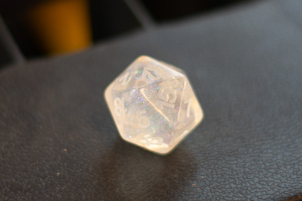 The Time Walker | Clear Glitter Single d20 w/No-Ink DYI Die (Online Only)