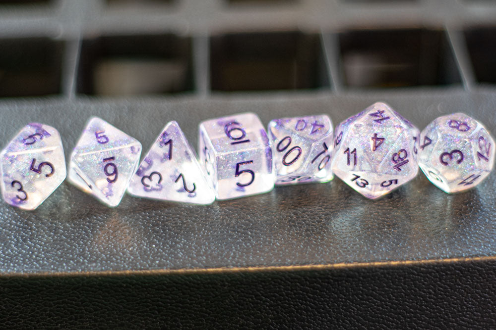 The Time Walker | Clear/purple Glitter 7-Dice Set RPG Dice Set w/Purple (Online Only)