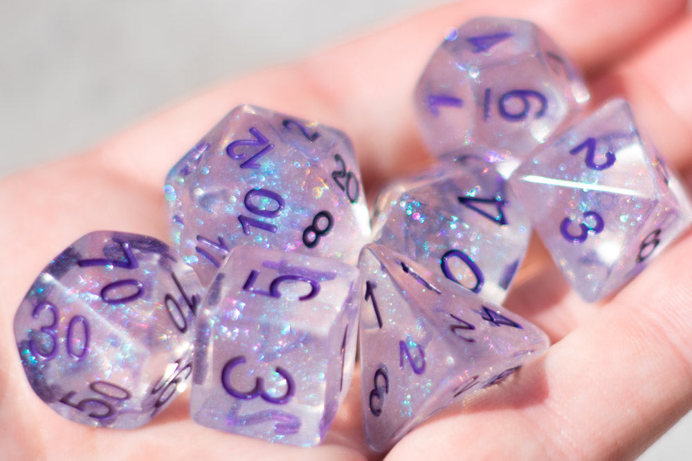 The Time Walker | Clear/purple Glitter 7-Dice Set RPG Dice Set w/Purple (Online Only)