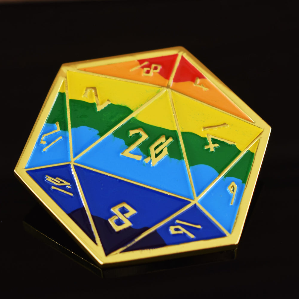 Pride and Gold Rainbow D20 Pin (Large) (ONLINE ORDER ONLY)