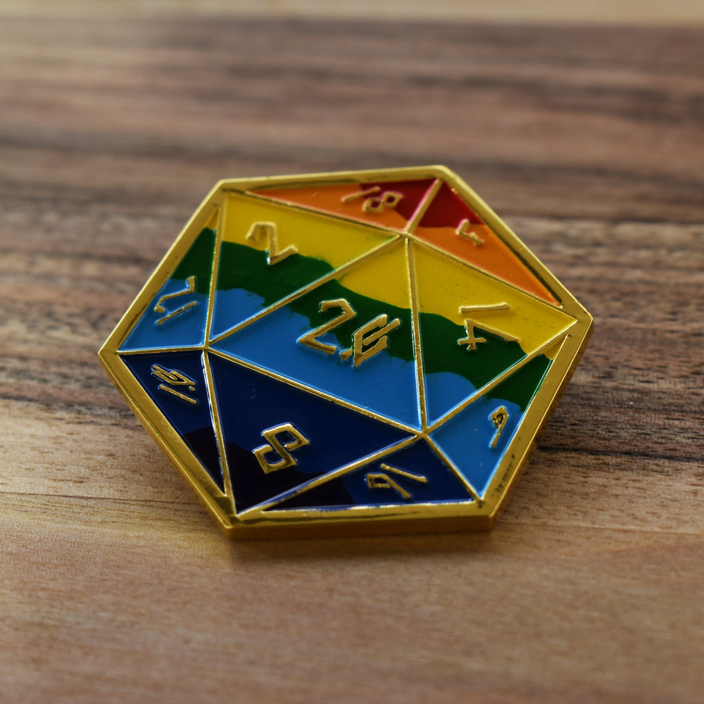Pride and Gold Rainbow D20 Pin (Large) (ONLINE ORDER ONLY)