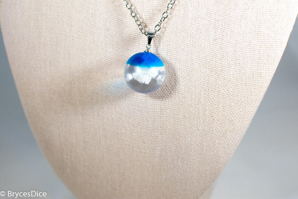 Cloudy Blue Sky Resin Sphere Necklace Pendant White Clouds (Online Only)