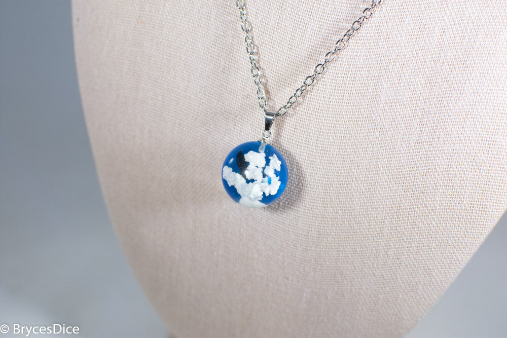 Cloudy Sky w/Bird & Blue Resin Sphere Necklace Pendant White Clouds (Online Only)