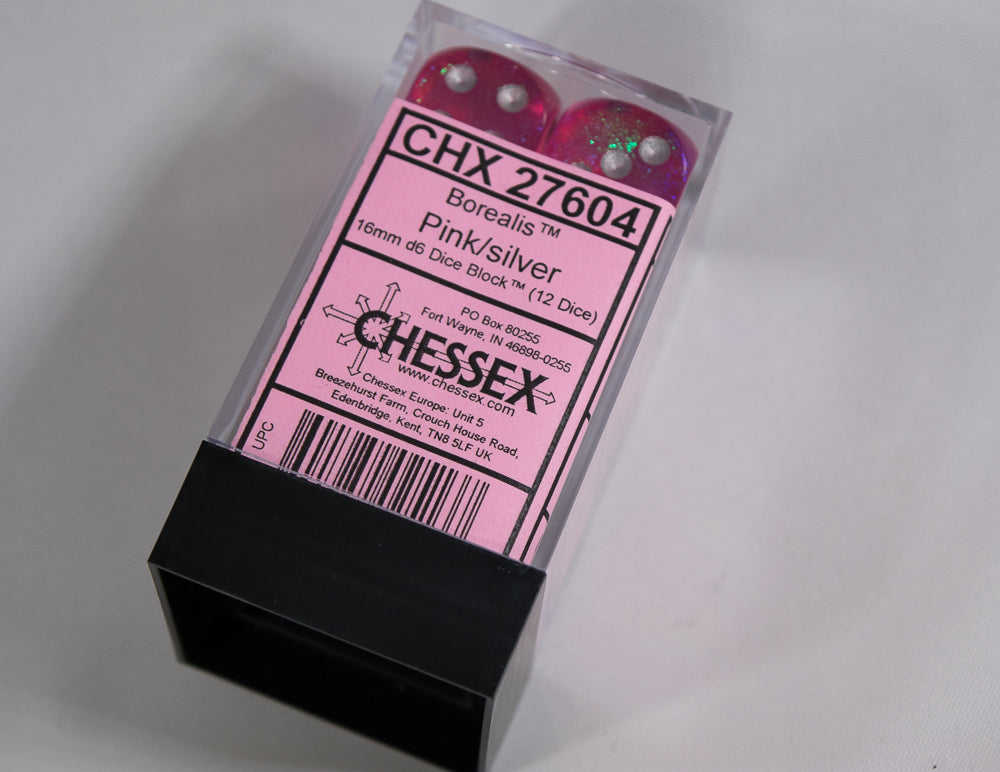 Old Glitter Borealis Pink/Silver d6 Block Dice RARE OOP Chessex 27604 16mm (Online Only)