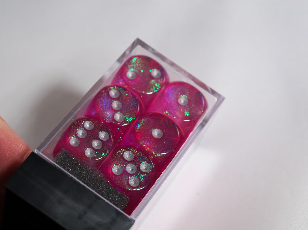 Old Glitter Borealis Pink/Silver d6 Block Dice RARE OOP Chessex 27604 16mm (Online Only)