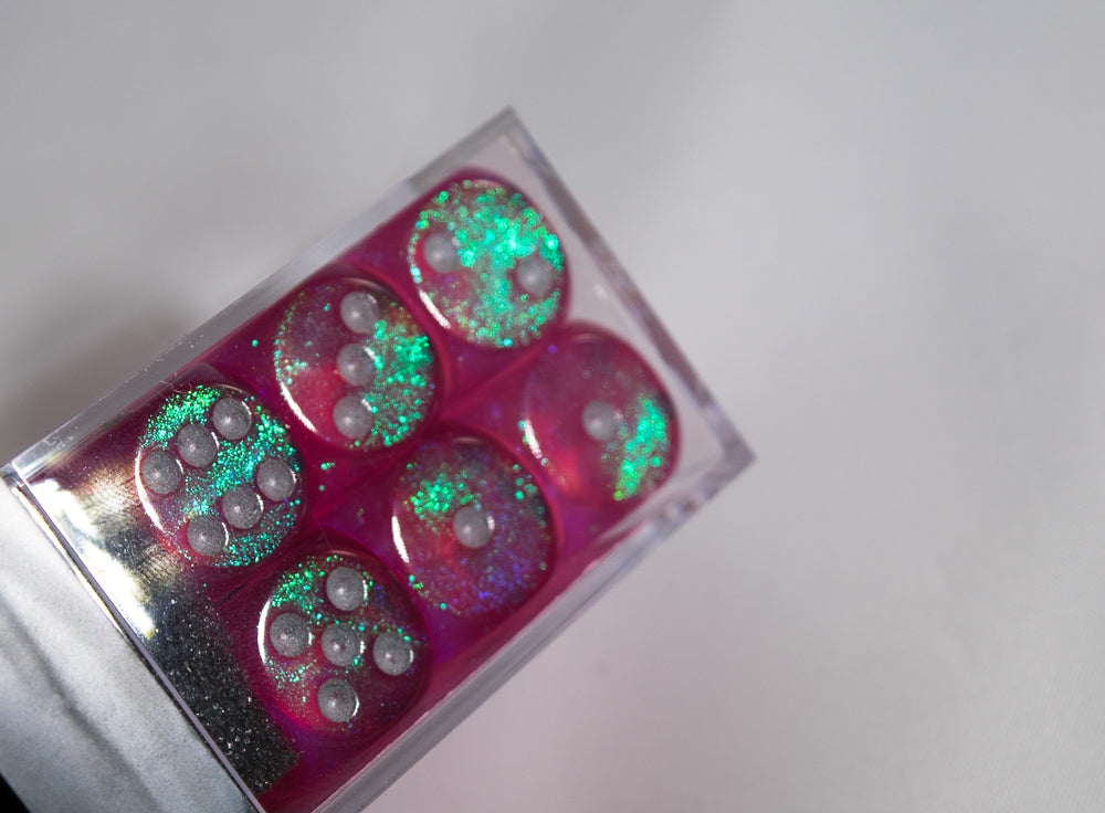 Old Glitter Borealis Pink/Silver d6 Block Dice RARE OOP Chessex 27604 16mm (Online Only)
