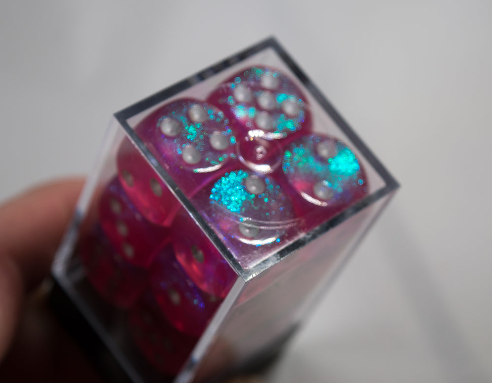 Old Glitter Borealis Pink/Silver d6 Block Dice RARE OOP Chessex 27604 16mm (Online Only)