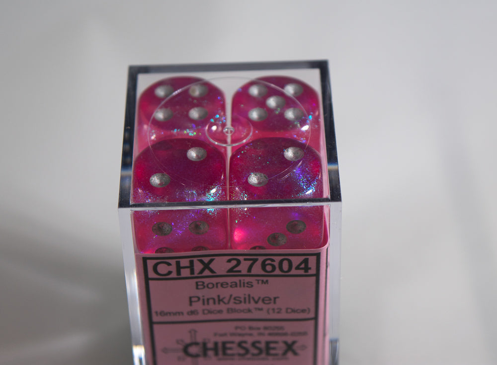 Old Glitter Borealis Pink/Silver d6 Block Dice RARE OOP Chessex 27604 16mm (Online Only)