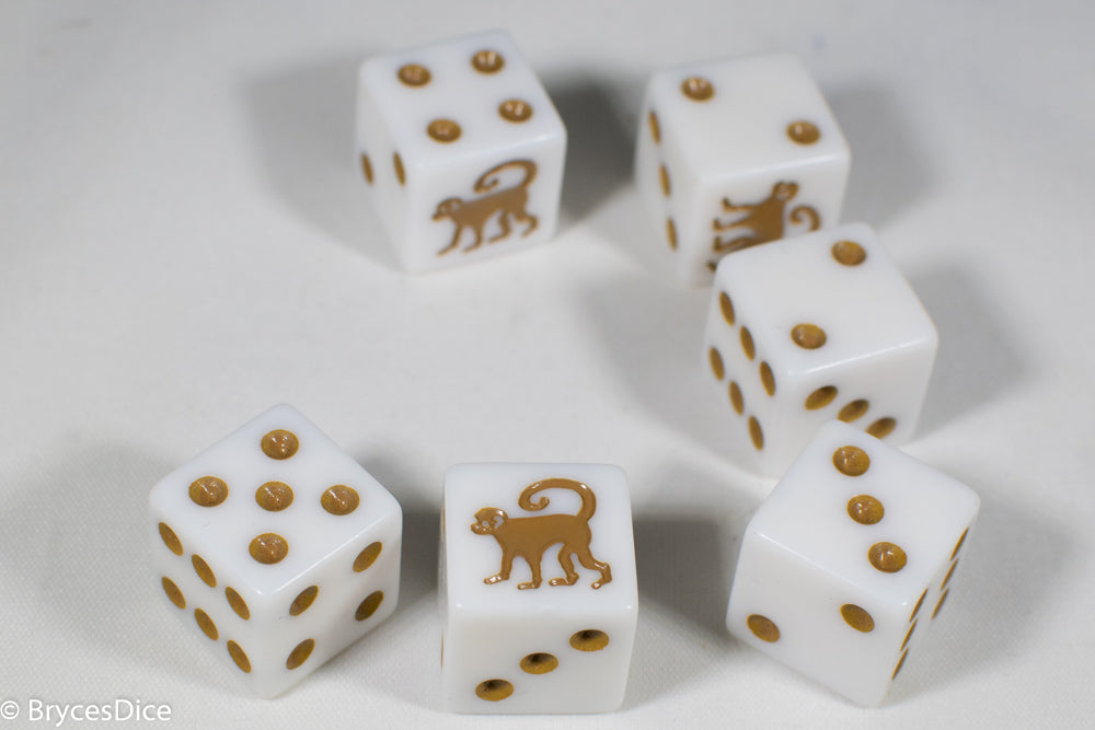 White Dice with Monkey; 6 Sided Bunco RPG Game D6 16mm Roll Square Corner (Online Only)