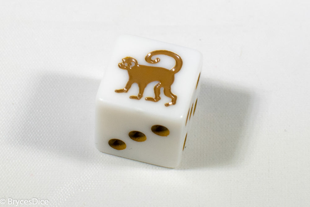 White Dice with Monkey; 6 Sided Bunco RPG Game D6 16mm Roll Square Corner (Online Only)