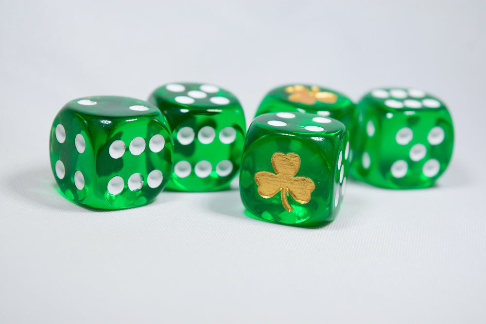 Gold Shamrock Translucent Green Die 16mm D6 Chessex Dice w/White Pips | Sold per die (Online Only)