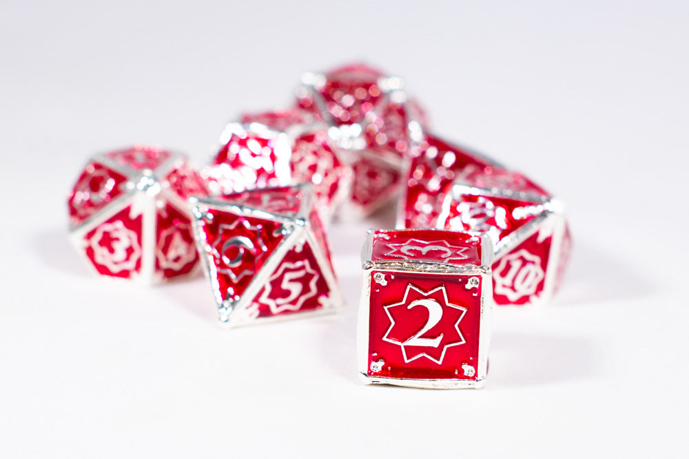 Defender 7-Dice Metal Set Silver w/ Red Fill {North Star Dice Collection} (Online Only)