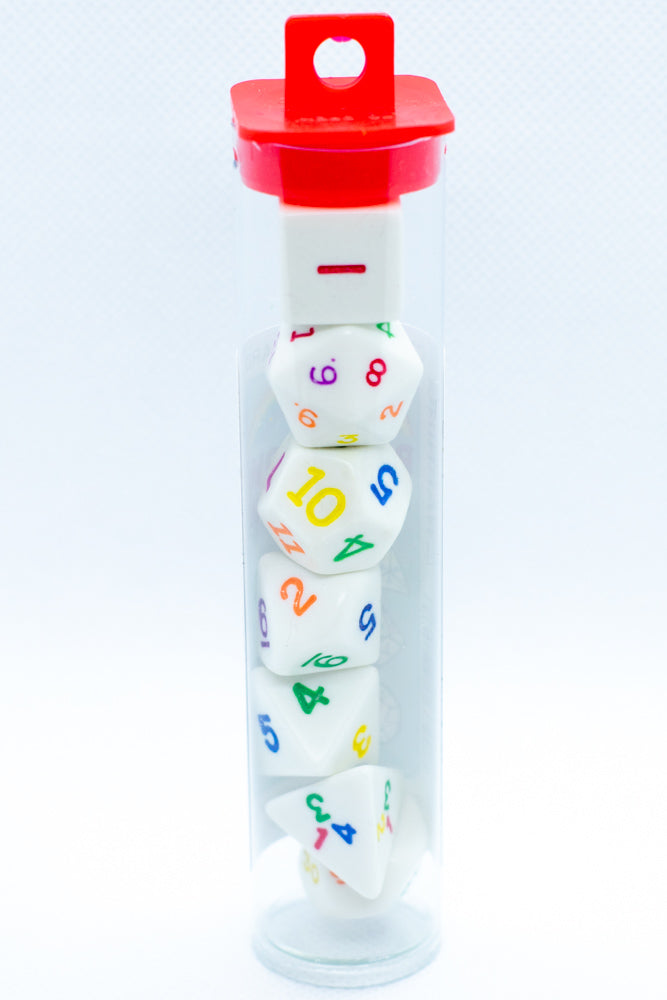 Rainbow Polyhedral Dice 7-Dice Piece Set White w/ Rainbow Color Numbers (Online Only)