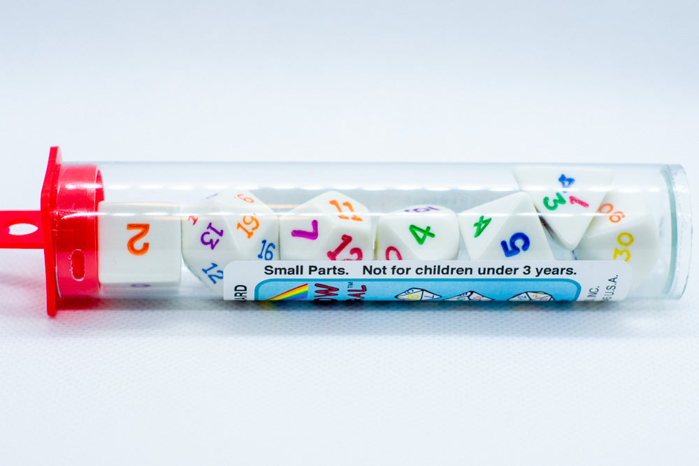 Rainbow Polyhedral Dice 7-Dice Piece Set White w/ Rainbow Color Numbers (Online Only)