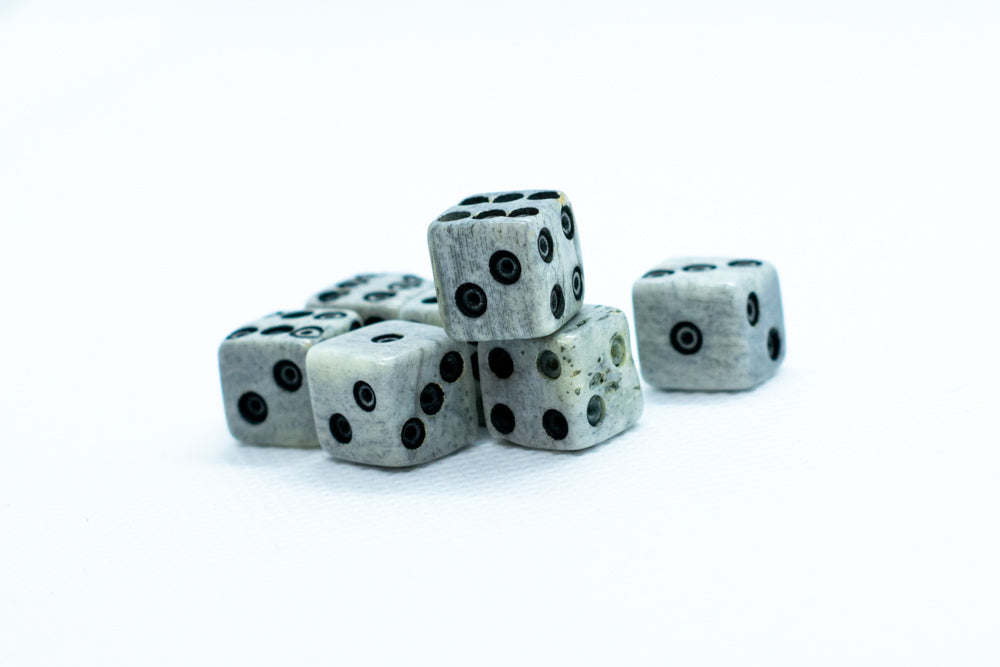Cattle Bone Dice 10mm (Deep Eye & Ring) | Off-White Dark d6 (sold by the piece) (Online Only)