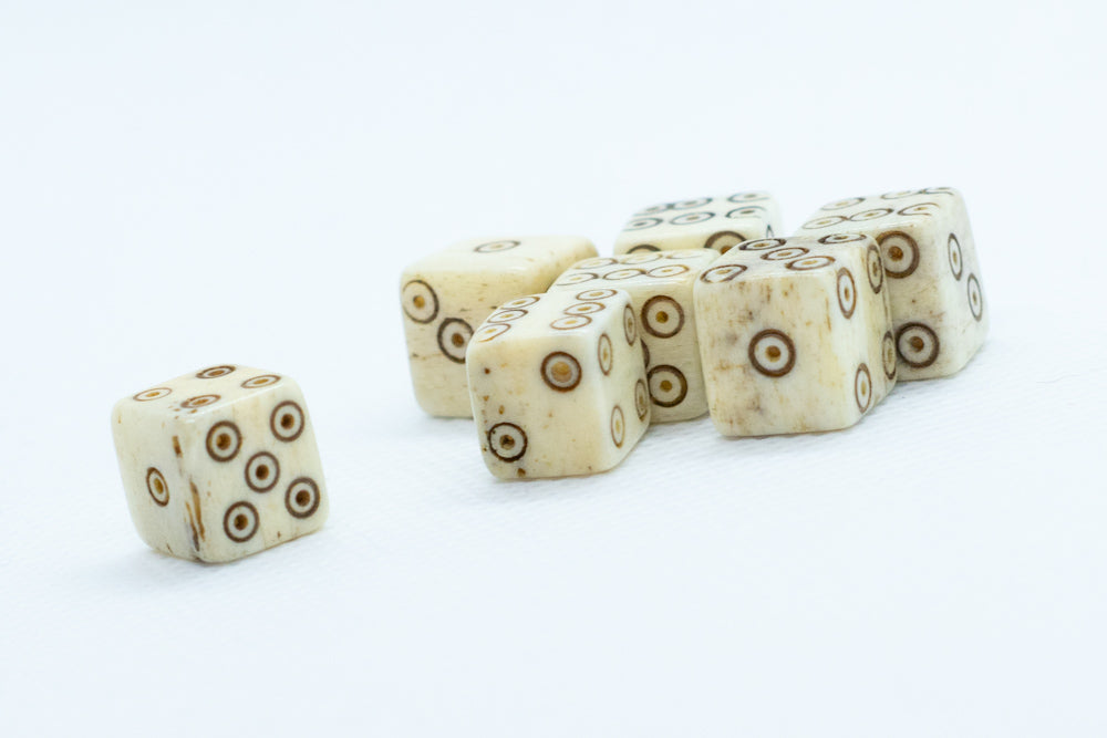 Camel Bone Dice 10mm (Deep Eye & Ring) Off-White Brown d6 (sold by the piece) (Online Only)