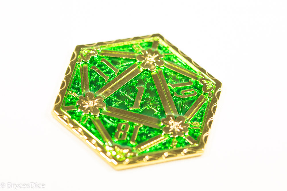 Gold d2 Coin Shaped like d20 Solid w/Green Enamel Color (Online Only)
