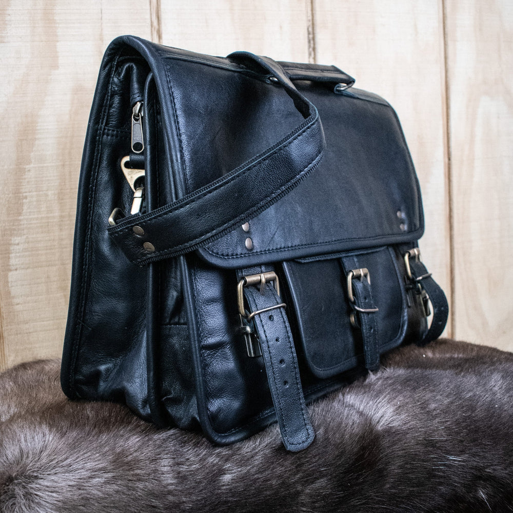 "The Adventurer" Leather Laptop Bag - Large (Black) (ONLINE ORDER ONLY)