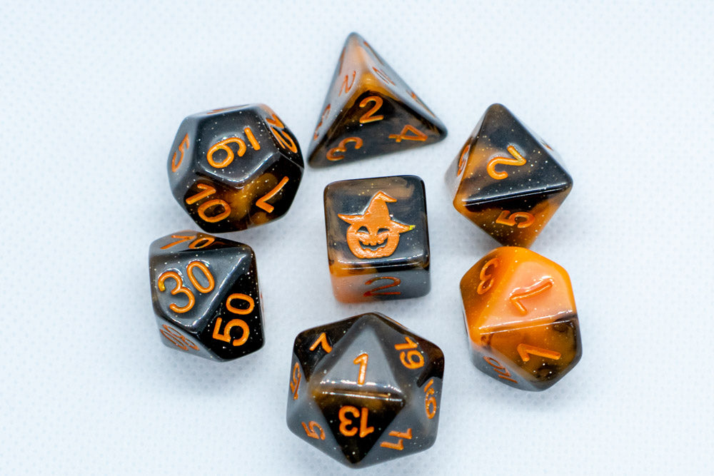 Halloween Black/Orange w/Glitter & Pumpkin 7-Dice Set RPG DND (Online Only)