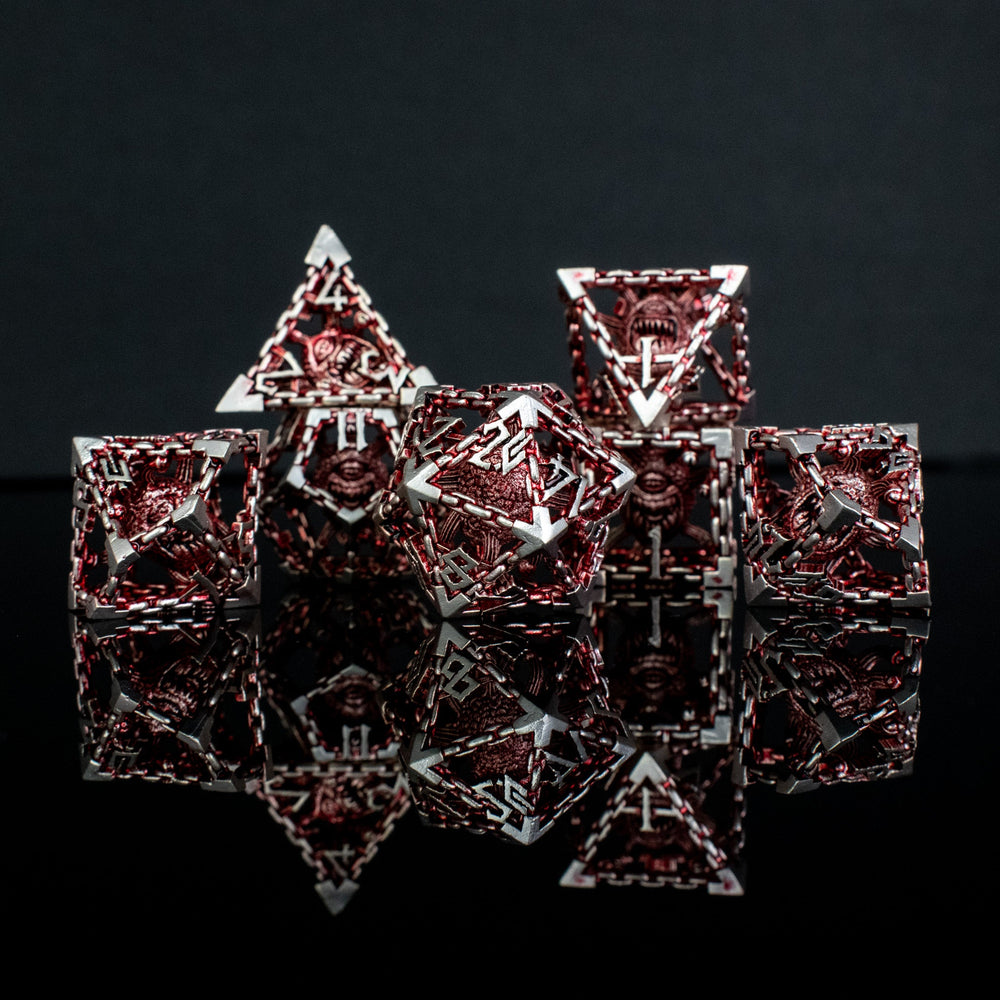 Beholder's Gates Hollow Metal Dice Set - Red and Silver (ONLINE ORDER ONLY)