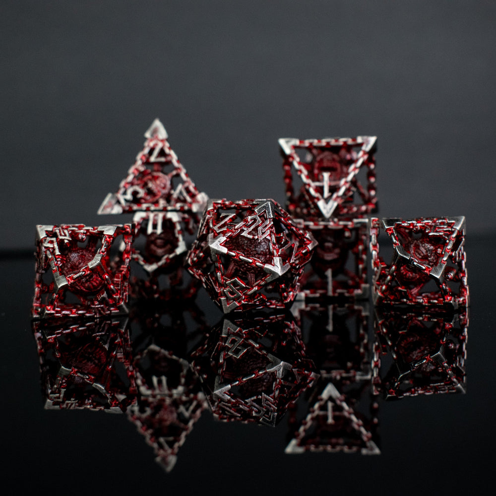 Beholder's Gates Hollow Metal Dice Set - Bloodied Silver (ONLINE ORDER ONLY)